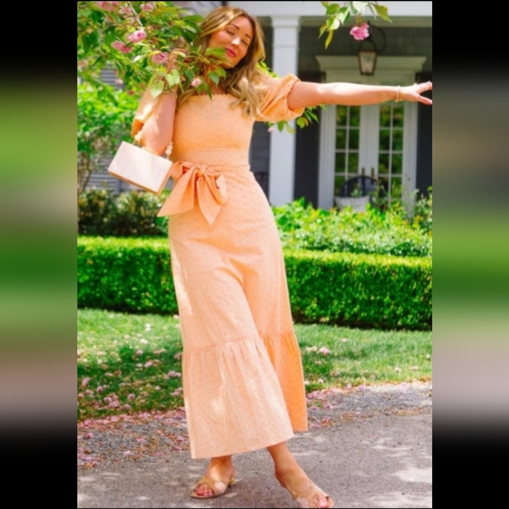 Ivy City Co Peach Tiered Midi Dress with Puff Sleeves